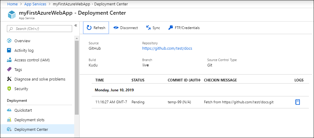 Track commits and deployments in Deployment Center