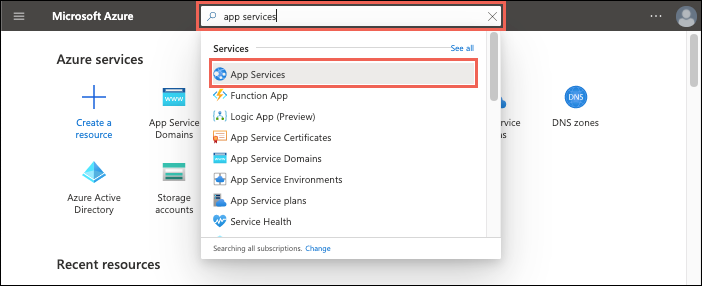 Screenshot that shows selecting App Services.