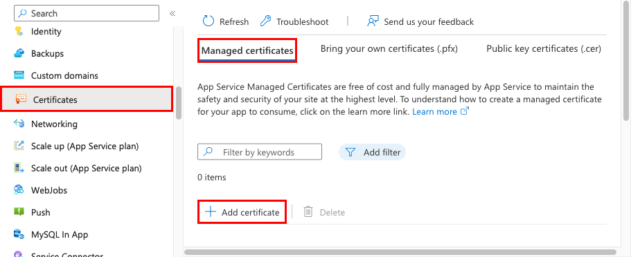 Screenshot of app menu with "TLS/SSL settings", "Private Key Certificates (.pfx)", and "Create App Service Managed Certificate" selected.