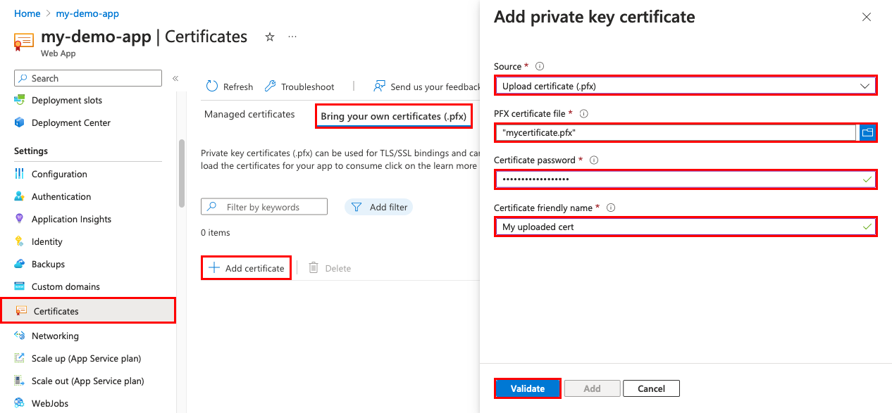 Screenshot of "TLS/SSL settings", "Private Key Certificates (.pfx)", "Upload Certificate" selected.