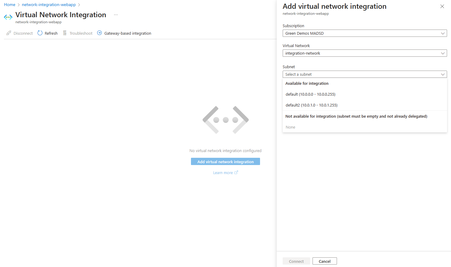 Screenshot that shows selecting the virtual network.