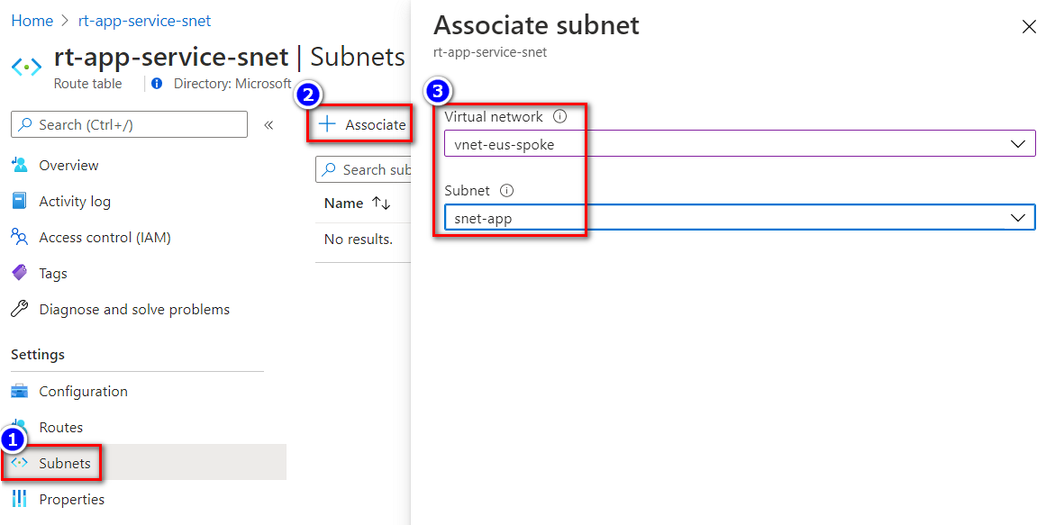 Screenshot of associate the route table to the App Service subnet.