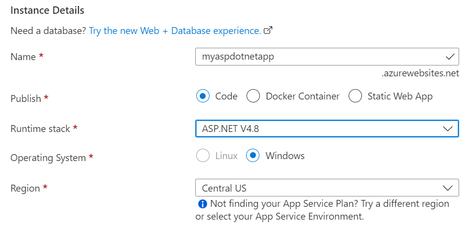 Screenshot of the App Service Instance Details with a ASP.NET V4.8 runtime.