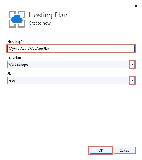 Screenshot of Create new Hosting Plan screen in the Azure portal.