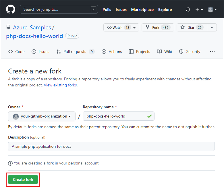 Screenshot of the Create a new fork page in GitHub for creating a new fork of Azure-Samples/php-docs-hello-world.
