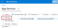 A screenshot of the location of the Create button on the App Services page in the Azure portal.