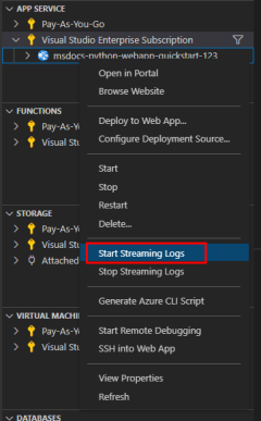 A screenshot of how to start streaming logs with the VS Code extension.