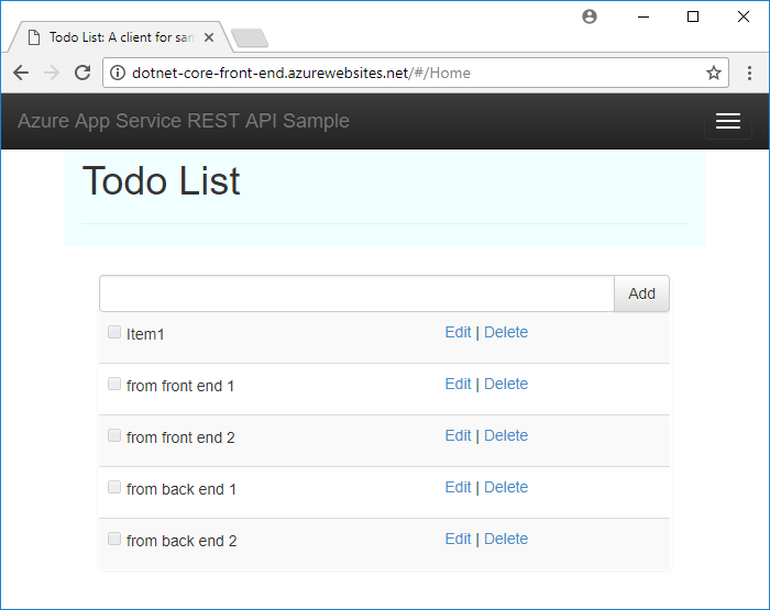Screenshot of an Azure App Service REST API Sample in a browser window, which shows a To do list app with items added from the front-end app.