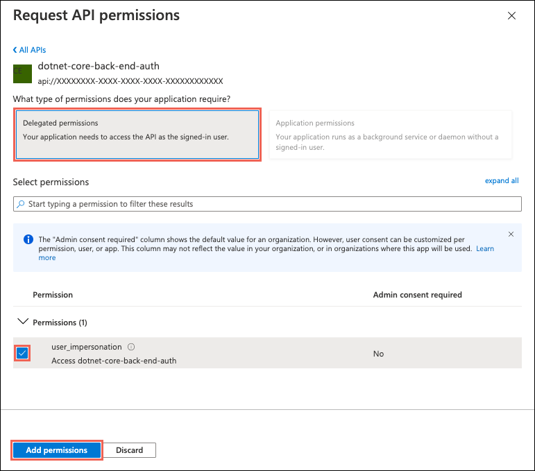 Screenshot of the Request API permissions page showing Delegated permissions, user_impersonation, and the Add permission button selected.