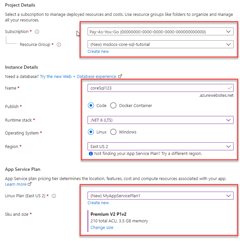 A screenshot showing the form to fill out to create a web app in Azure.