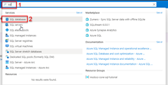 A screenshot showing how to use the search box to find the SQL databases item in Azure.