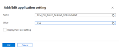 A screenshot showing the dialog box used to add an app settings in the Azure portal.