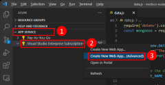 A screenshot showing the App Service section of Azure Tools showing how to create a new web app.