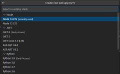 A screenshot of the dialog box in VS Code used to select Node 14 LTS as the runtime for the web app.