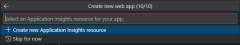 A screenshot of the dialog in VS Code asking if you want to create an App Insights resource for your web app.