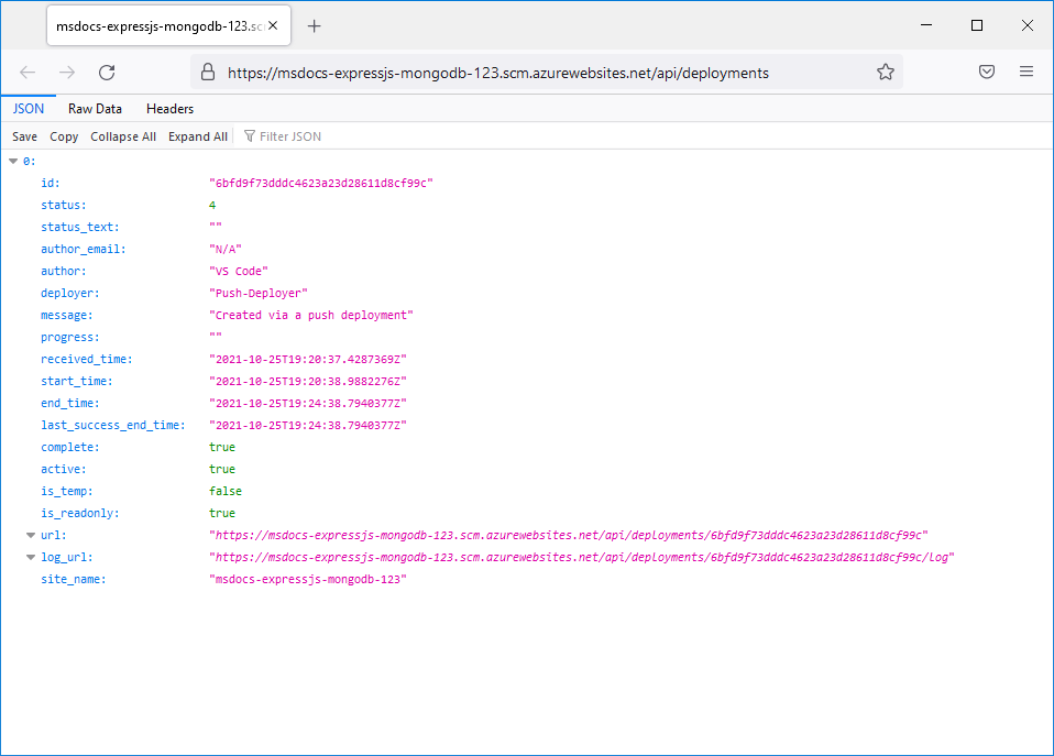 A screenshot of the deployments JSON in the Kudu SCM app showing the history of deployments to this web app.