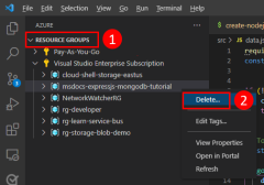 A screenshot showing how to delete a resource group in VS Code using the Azure Tools extention.