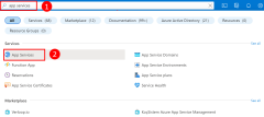 A screenshot showing how to use the search box in the top tool bar to find App Services in Azure portal.