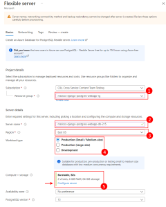 A screenshot showing how to fill out the form to create a new Azure Database for PostgreSQL in the Azure portal.