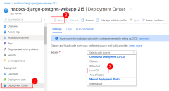 A screenshot showing how to navigate to the deployment center in App Service and select Local Git as the deployment method in the Azure portal.