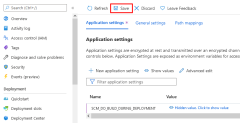 A screenshot showing the location of the save button in the Application settings page for an App Service in the Azure portal.