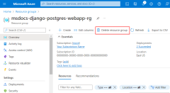 A screenshot showing how to delete a resource group in the Azure portal.