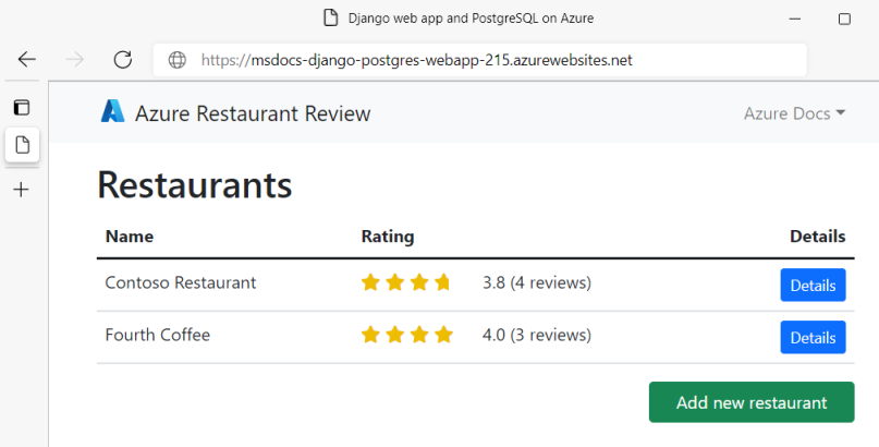 A screenshot of the Django web app with PostgreSQL running in Azure showing restaurants and restaurant reviews.