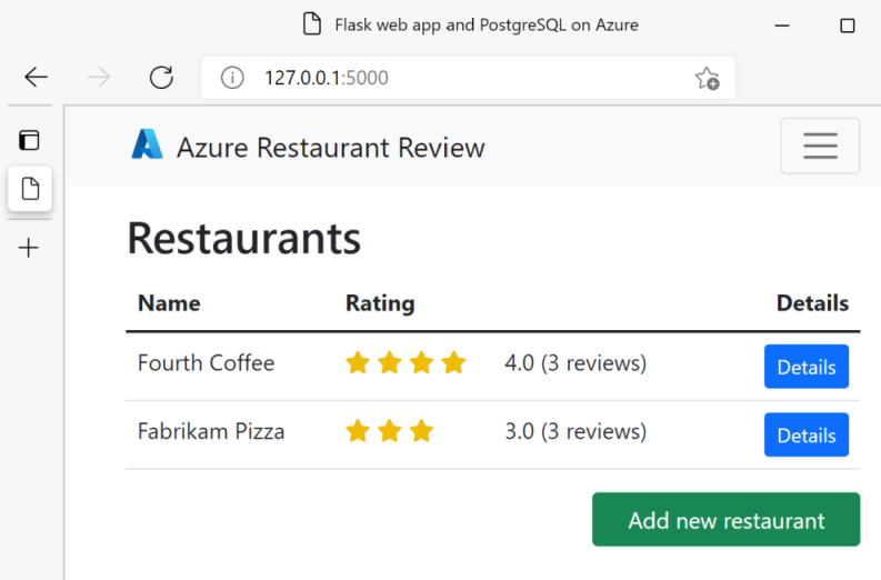 A screenshot of the Flask web app with PostgreSQL running locally showing restaurants and restaurant reviews.