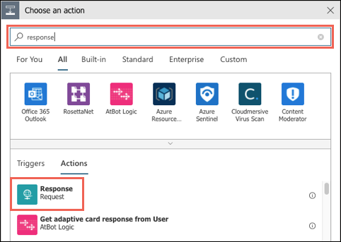 Screenshot that shows the search bar and Response action highlighted.