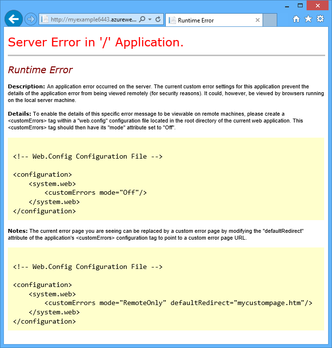 Screenshot showing a Server Error in '/' Application error in a web browser.