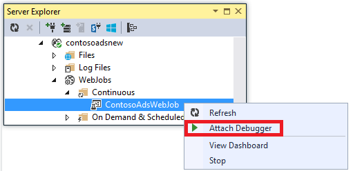 Screenshot of Server Explorer showing ContosoAdsWebJob selected in the drop-down menu and Attach Debugger selected.