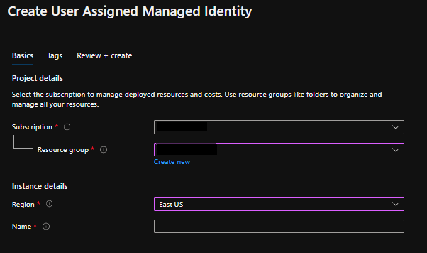 Screenshot of user assigned identity creation