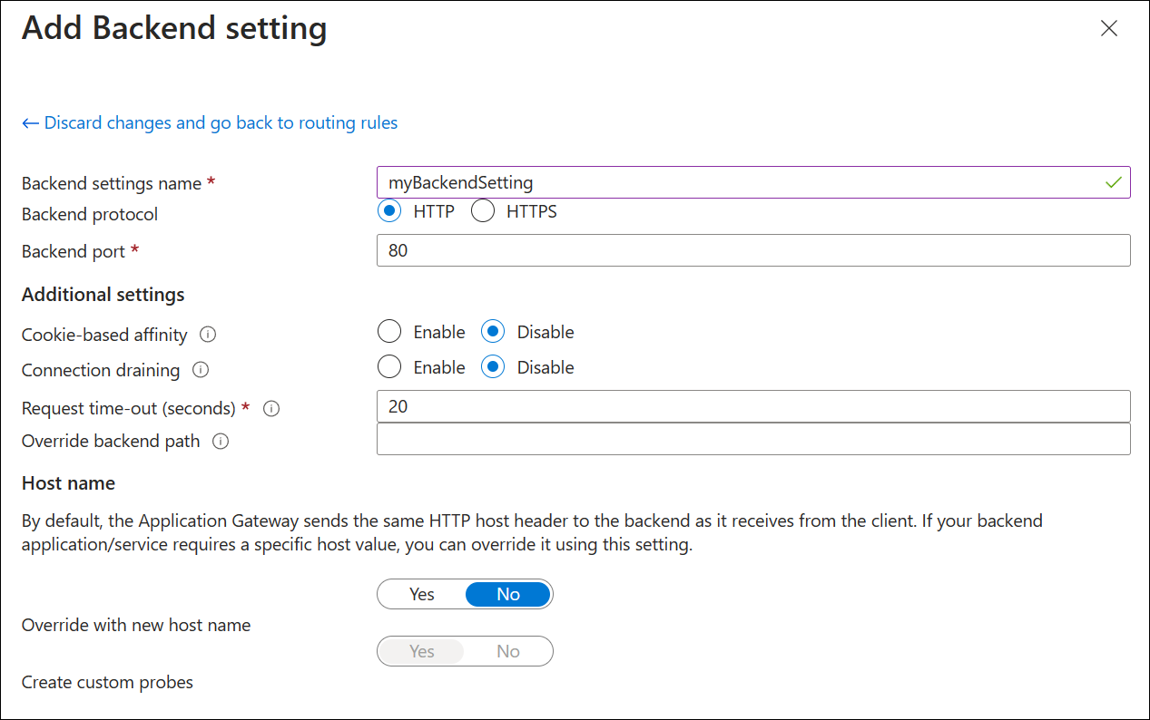 A screenshot of create new application gateway: backend setting.