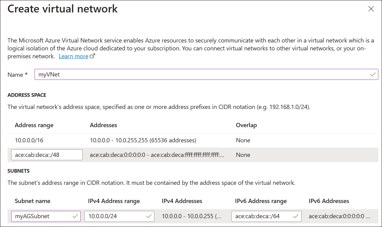 A screenshot of create new application gateway: virtual network.