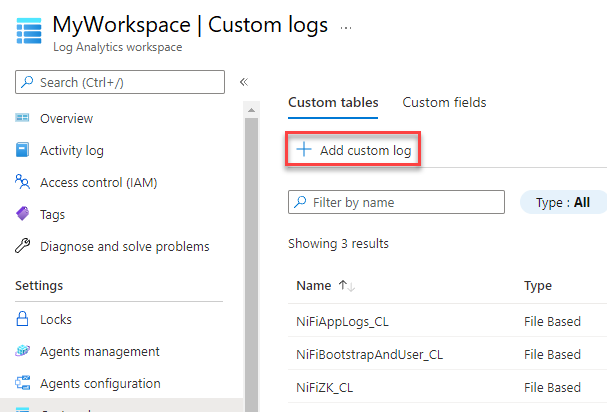 Screenshot of the Custom logs page in the Azure portal with Add custom log called out.