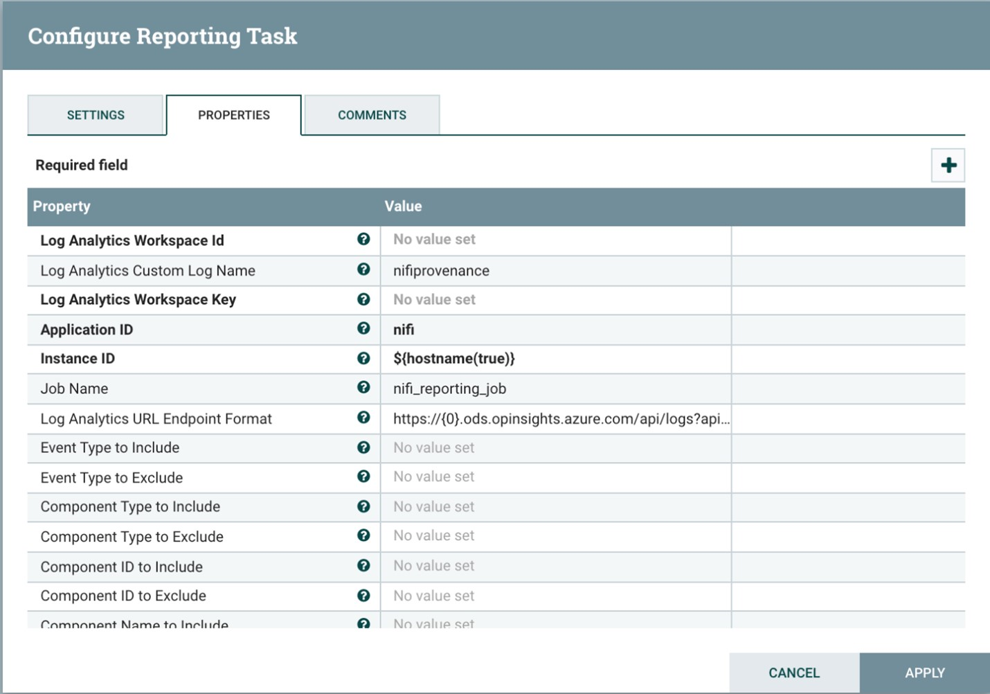 Screenshot of the NiFi Configure Reporting Task window. The Properties menu is visible. It lists the values of Log Analytics settings.