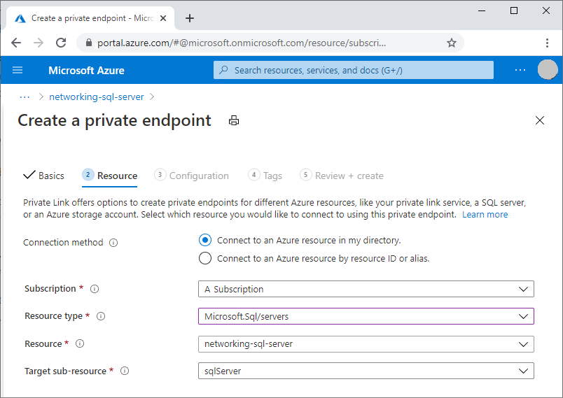 Screenshot of Private Endpoint Resource creation page.