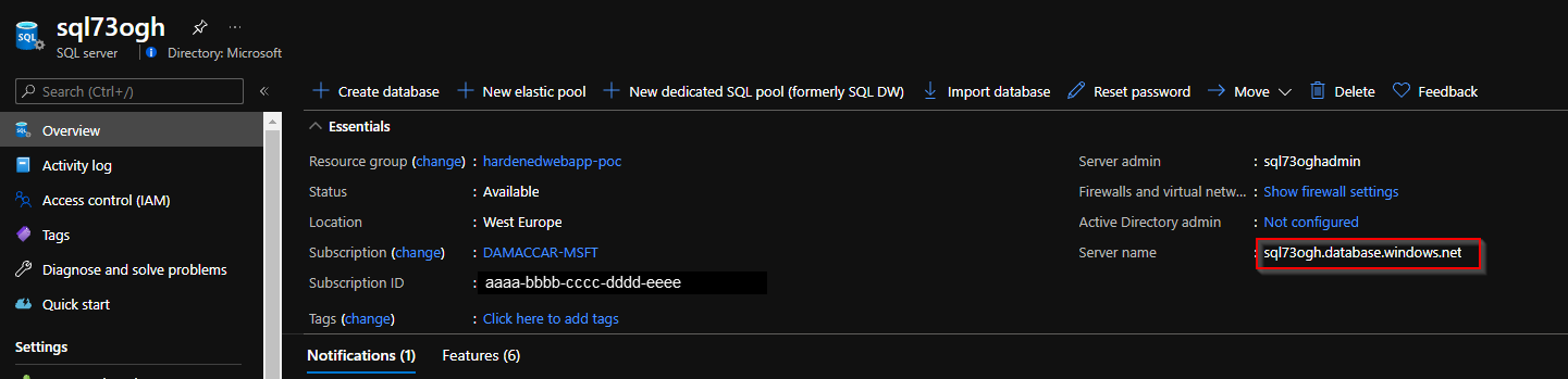 Screenshot that shows the name of the Azure SQL Server instance.