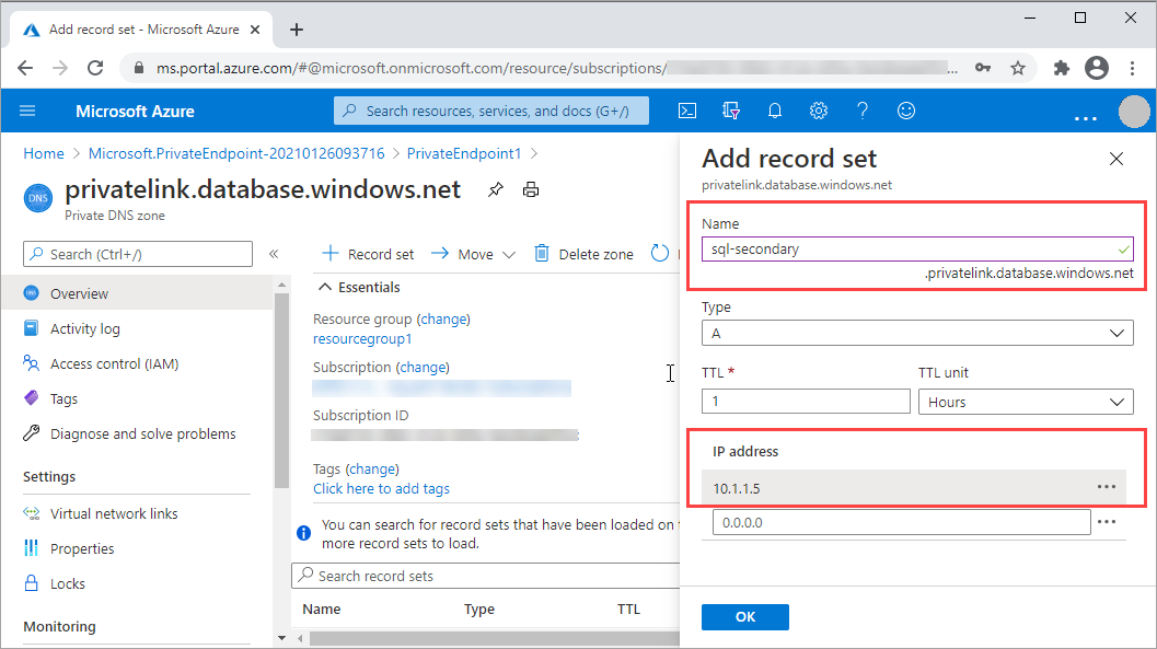 Screenshot of the Azure portal showing how to add an A record for the secondary database in the primary region.