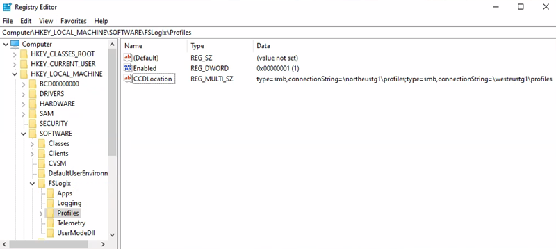 Screenshot that shows the Cloud Cache registry keys.