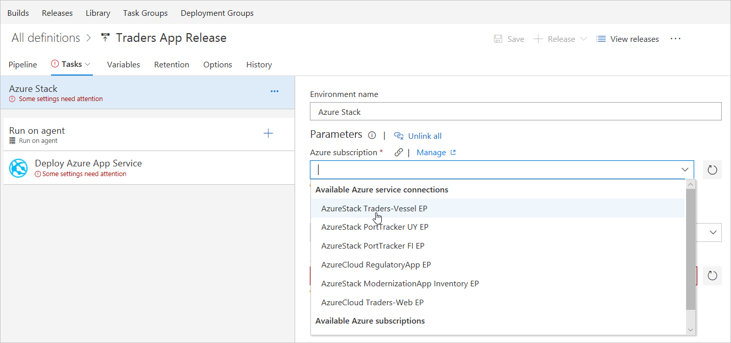 Select the subscription for the Azure Stack Hub endpoint in Azure DevOps Services