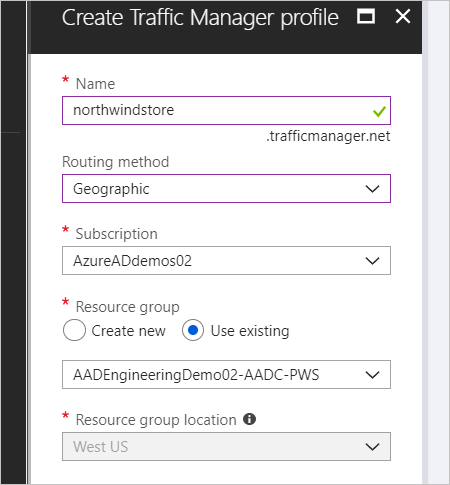 Resource groups in create Traffic Manager profile