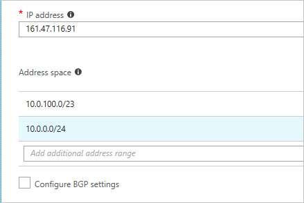 Screenshot that shows a Point-to-site address space in an Azure Stack Hub local network gateway.