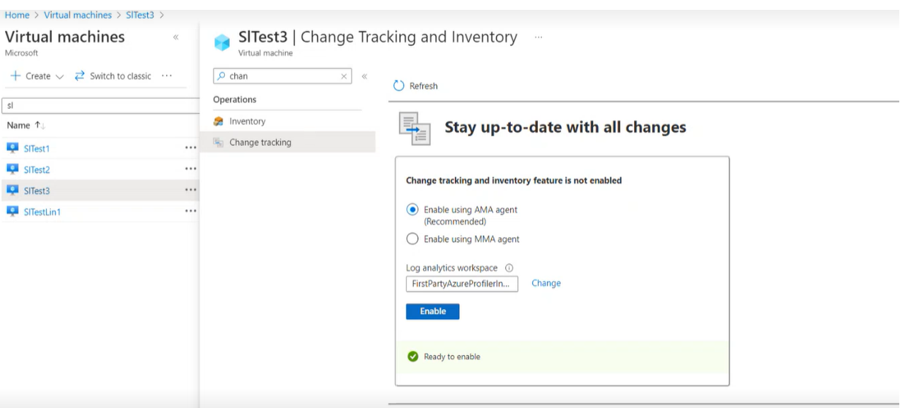 Screenshot showing to select change tracking option for a single virtual machine from the portal.
