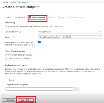 Screenshot of how to create a private endpoint in Virtual network tab.