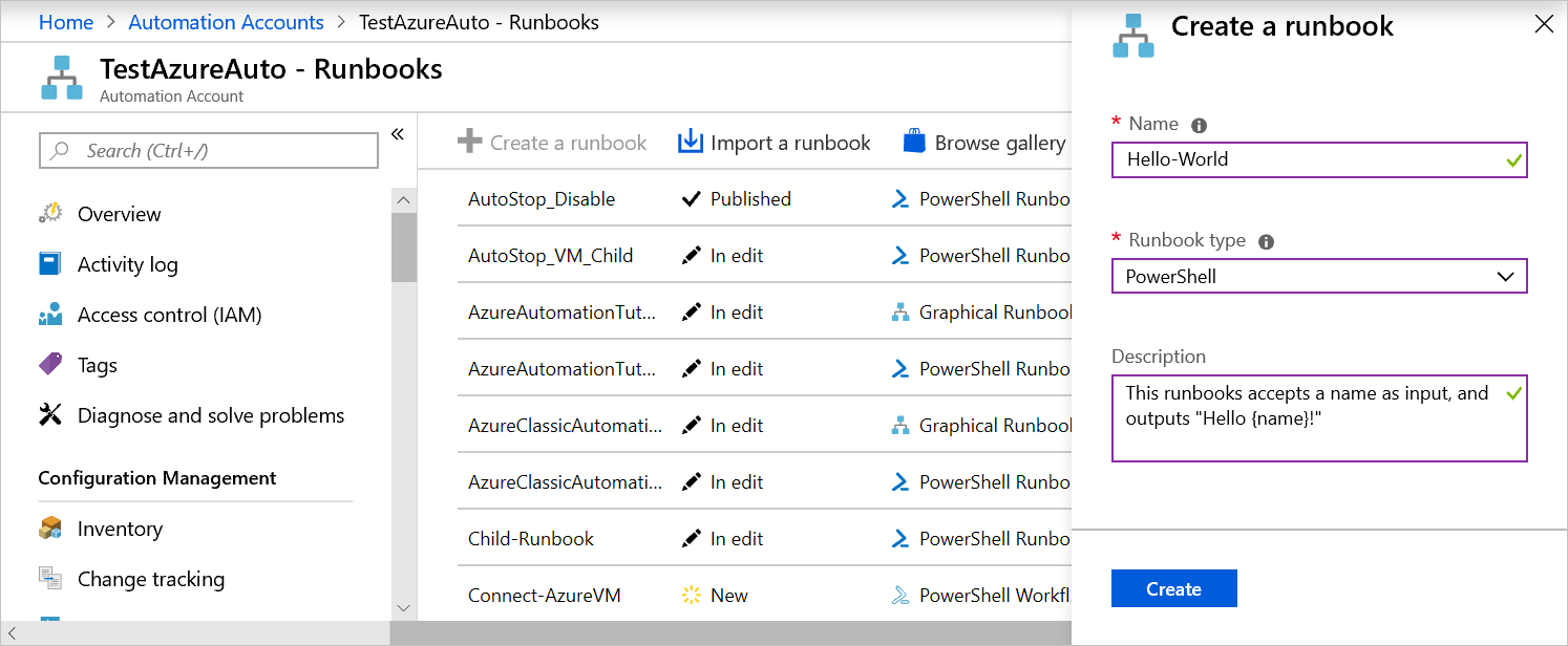 Enter information about your Automation runbook in the page