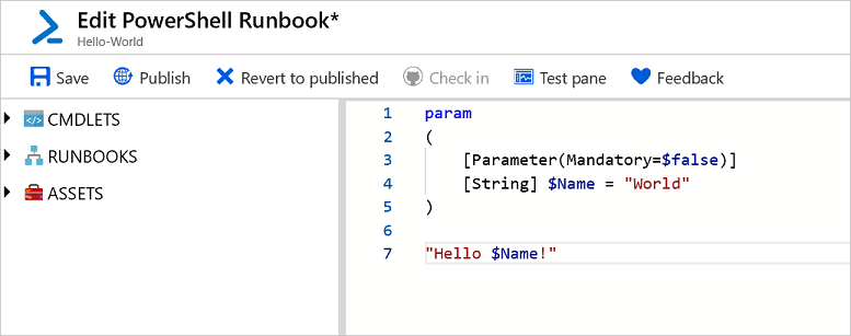 Screenshot of the Edit PowerShell Runbook page with a code example in the right window.