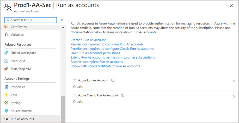 Select the option to create a Run As Account