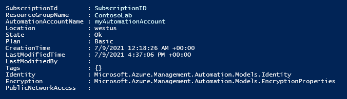Output from set-azautomationaccount command.