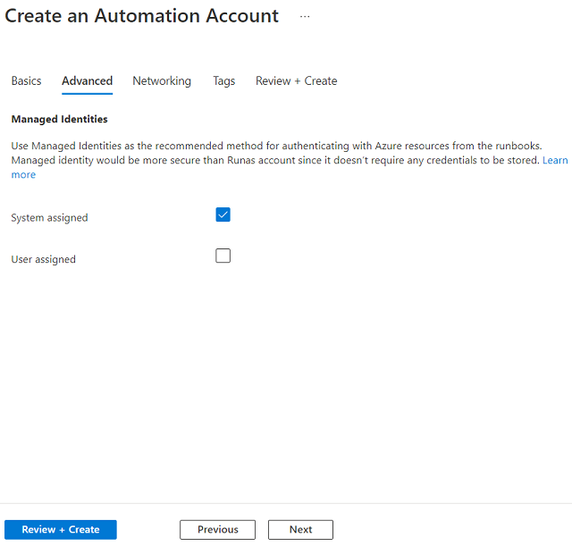 Required fields for creating the Automation account on Advanced tab